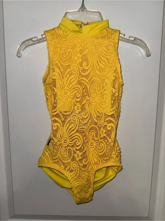 Kandi Kouture Kids Yellow Lace‎ One-Piece Dance Leotard Size CXL (10/12)
