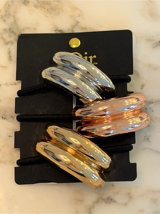 NWT nOir Set of 3 Metallic Tube Ponytail Holders Gold Silver Rose Gold Hair Ties