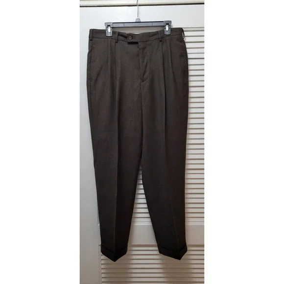 Classic J. Ferrar Mens Pleated Cuffed Dress Pants Brown 34x30 Polyester Trousers