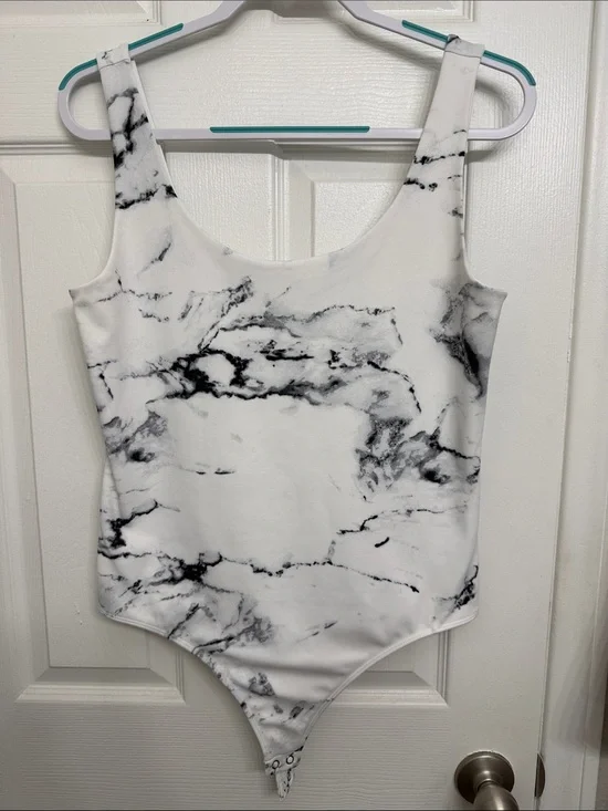 Express White Body Contour Tank Top Bodysuit with Black Marble Print