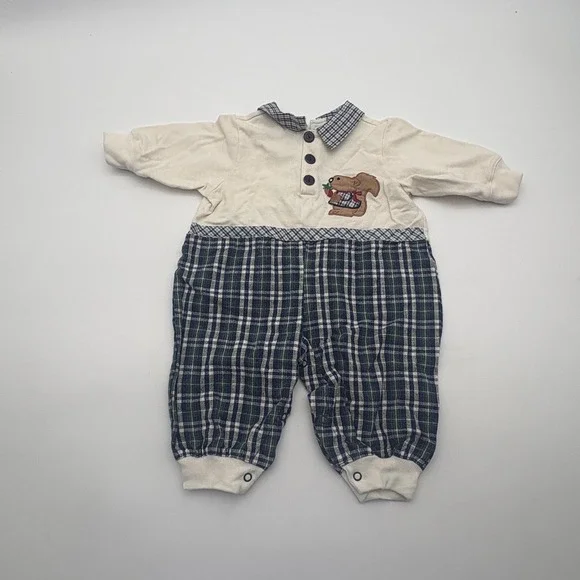 Plaid‎ Squirrel Coverall Boys 6-9 Months Blue Collared Knit Button One Piece