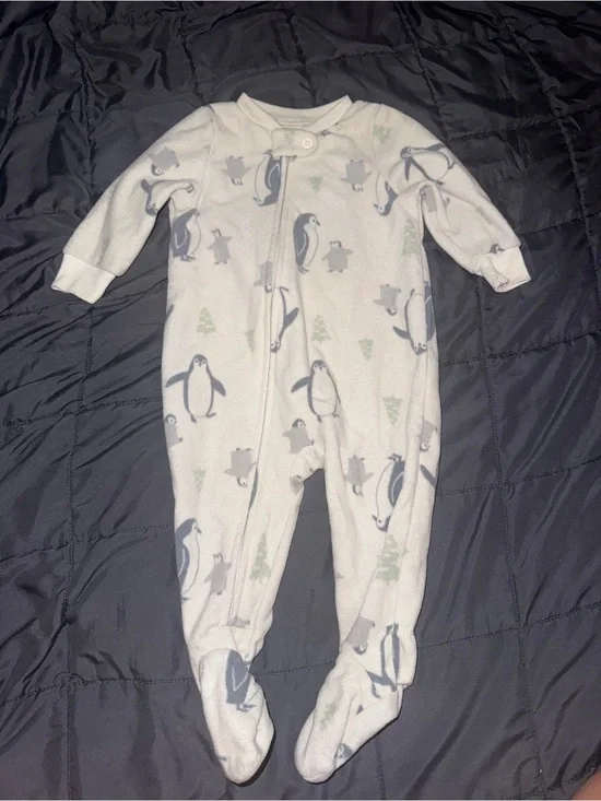 Carter's White Footed One-Piece with Blue Penguin Print