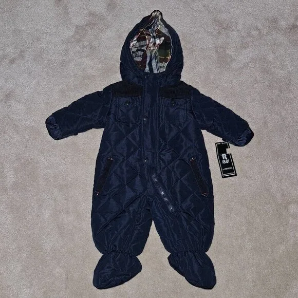 NWT Rothschild Quilted Pram Navy Blue Snowsuit Hooded Lined Baby 3-6 Months