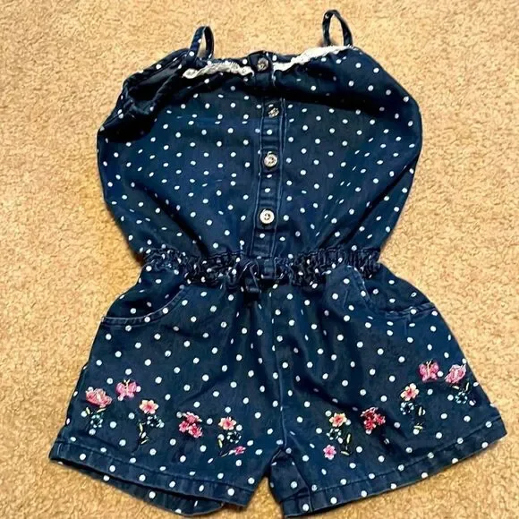 Real Love Denim Polka Dot Spaghetti Strap Romper with Lace and Bow- Size 3T