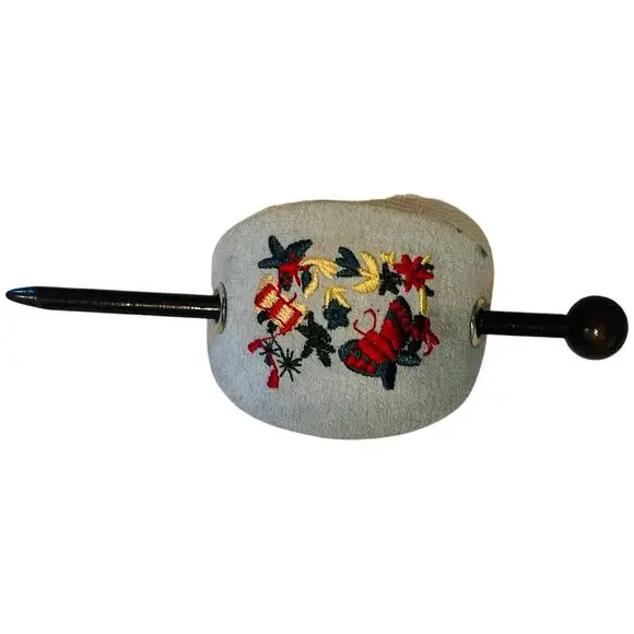 Vintage 70s Boho Embroidered Suede Leather Hair Slide Barrette with Wooden Stick