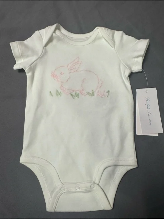 Ralph Lauren White Baby Onesie with Pink Bunny and Green Grass-0012