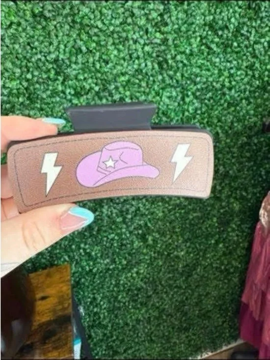 Brown Hair Clip with Pink Cowboy Hat Accent - Women Accessories