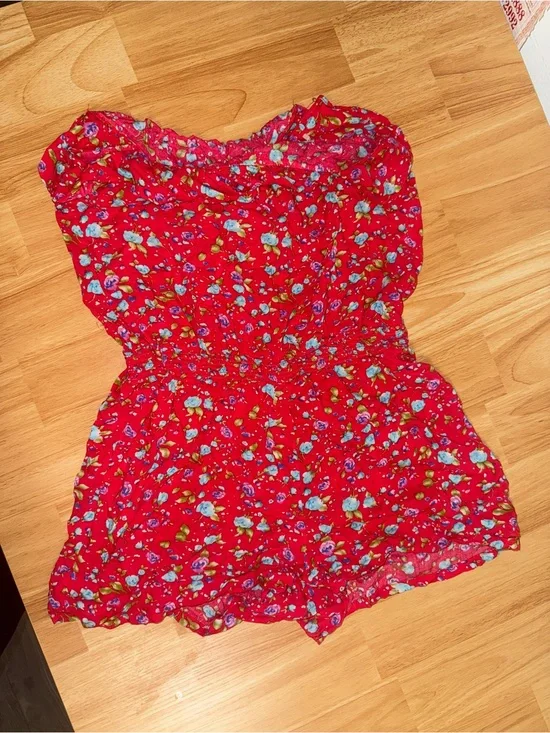 Forever 21 Red Floral Strapless Romper with Blue and Green Accents