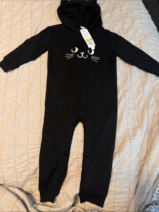Cat & Jack Black Hooded One-Piece with Pastel Cat Face