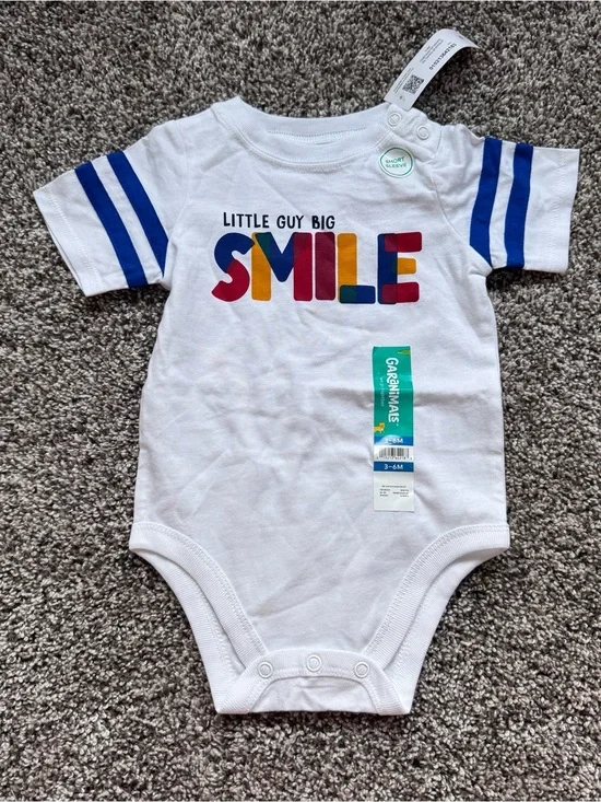 NEW White Short-Sleeve Bodysuit with Blue Stripes & Colorful SMILE Logo
