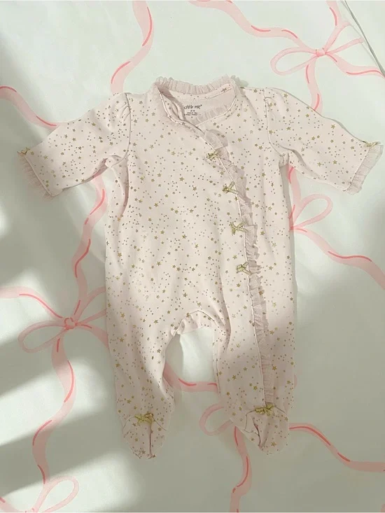 Little Me Pink Footie with Gold Star Print and Ruffles