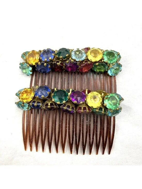 Vintage 40s 50s Prong Set Glass Rainbow Hair Combs Set