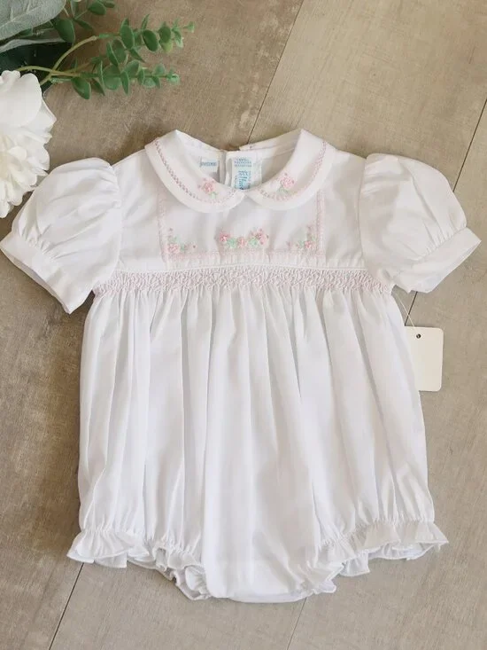 White Smocked Heirloom Bubble Romper Preemie Reborn Doll Feltman Brothers