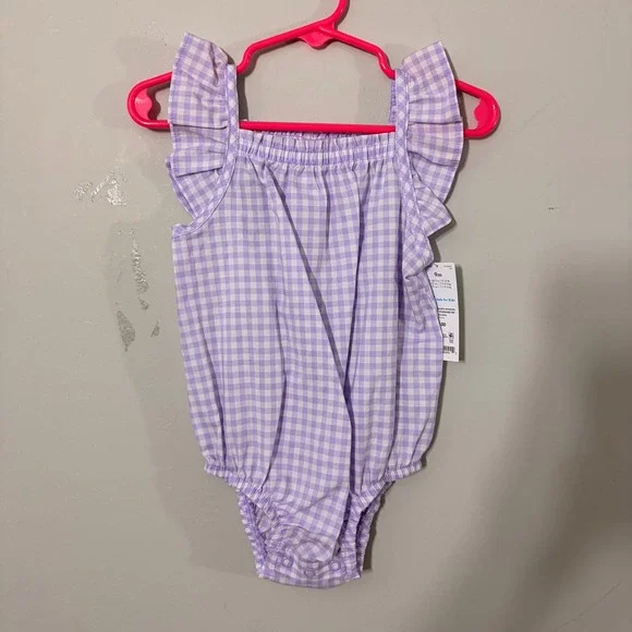 Carter's Romper Baby Girl 9M Purple NWT Gingham Ruffle Bubble Bodysuit SUNSUIT