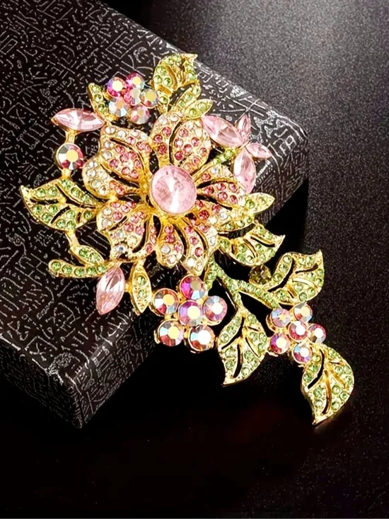Gold-Tone Pink & Green Floral Crystal Brooch - Women Accessories