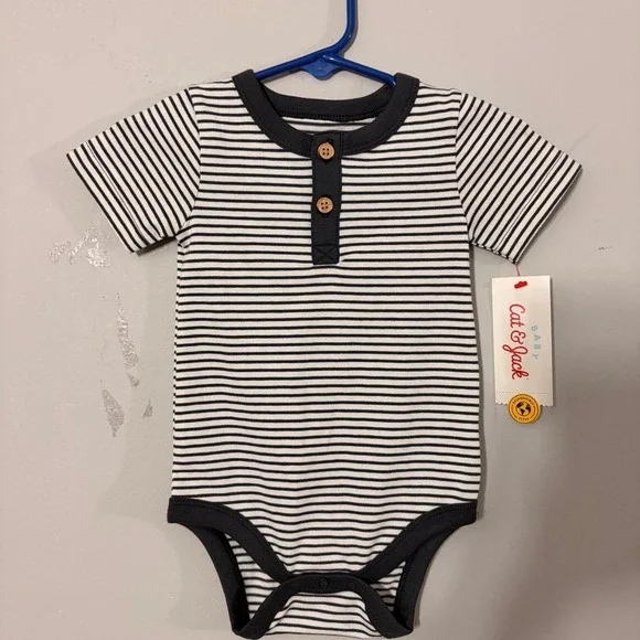Cat & Jack Bodysuit Baby 3-6M Navy White New Striped Henley Short Sleeve SNAP