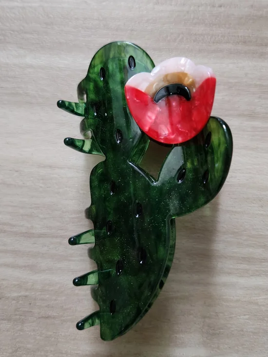Green Cactus Hair Claw Clip with Red Pink Flower Hair Accessory