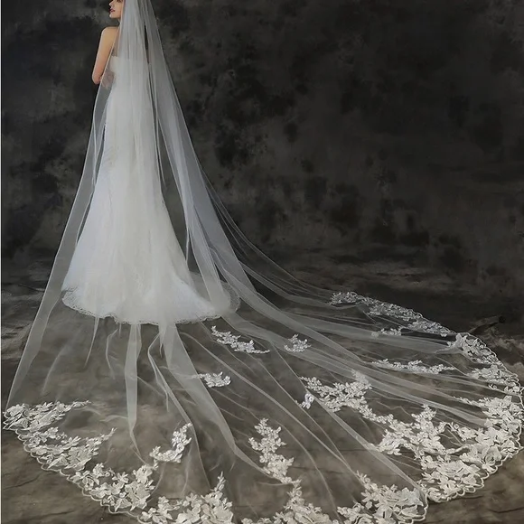 Elegant Long Bridal Veil with Lace Appliqué