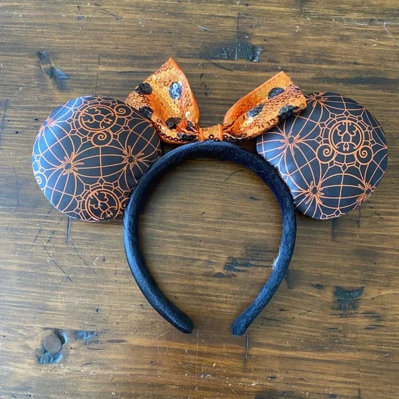 Disney Parks Minnie Mouse Halloween Spider Web Sequin Bow Headband Orange Black