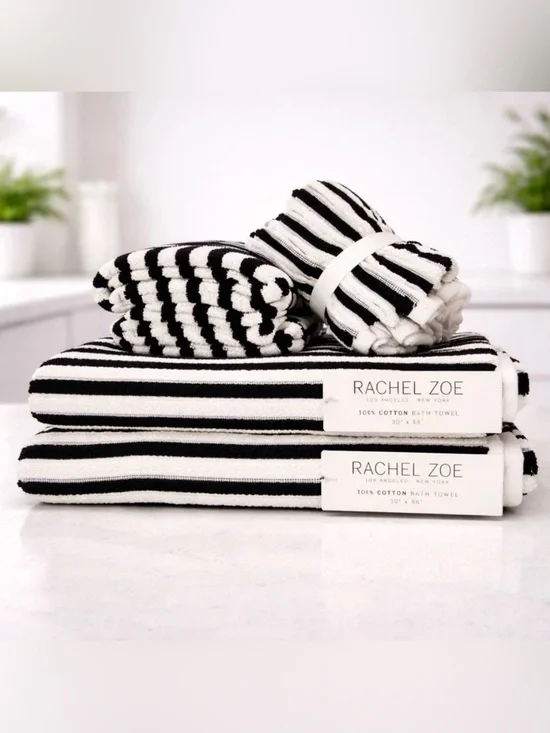 Rachel Zoe Black & Ivory Stripe Ribbed 8-Piece Towel Set NWT Cotton Hotel Luxury