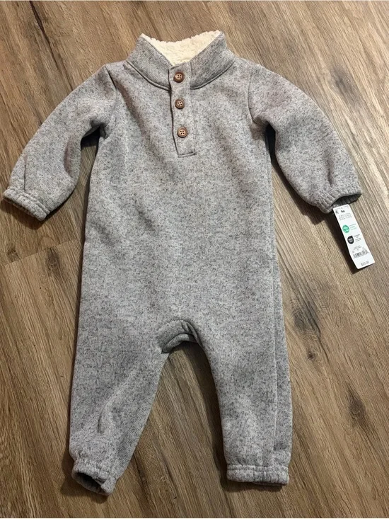 Carter’s - Cozy Grey Sherpa Lined Collar Baby Fleece Romper -Size 9 Months