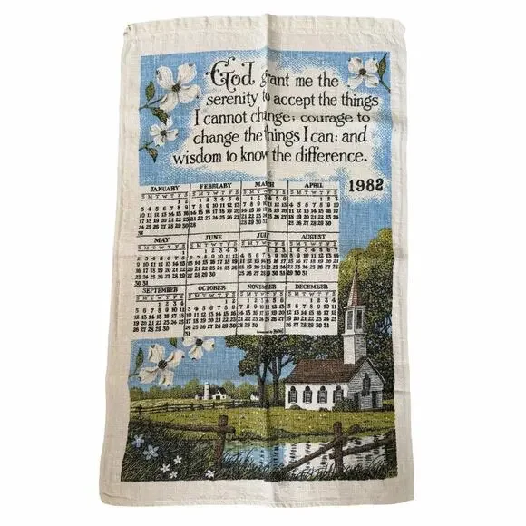 Vintage 1982 Kay Dee Linen Calendar Towel Serenity Prayer Church R Batchelder