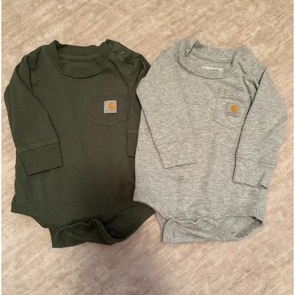 Carhartt Baby Boys Long Sleeve Pocket Bodysuit 2-Pack Olive Grey 3M