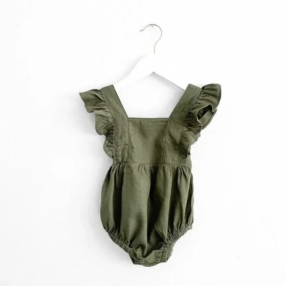 NWT Pretty Baby Girls Linen Romper Bubble Bohemian Boutique Olive Green 6-9M