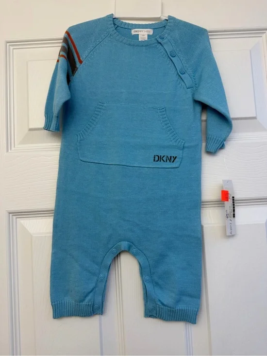 Dkny Light Blue Knit One-Piece Footie with Striped Shoulder