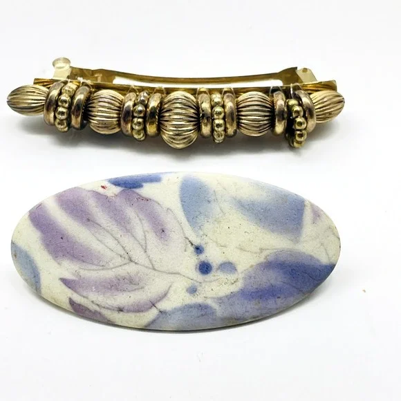 Vintage Barrette Lot of 2 Gold Tone Purple Floral Oval Hair Clips Accessories