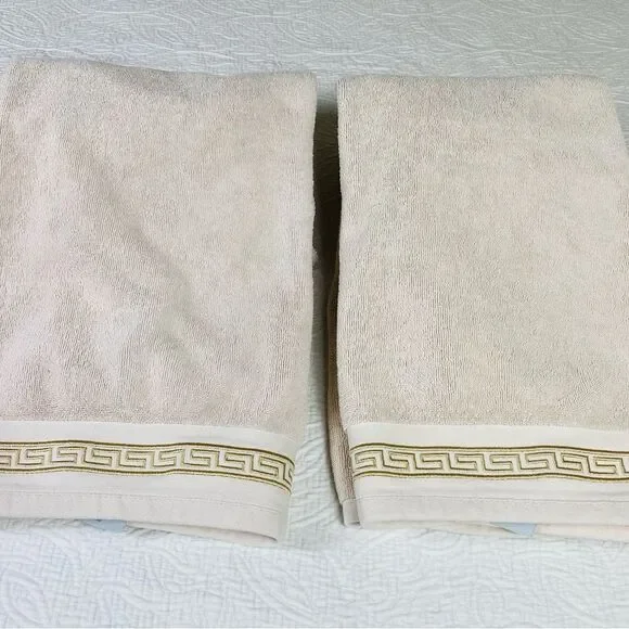 Luxurious Vtg Cream Bath Towels with Gold Greek Embroidered Accent