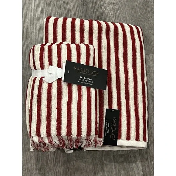 Rachel Zoe Three Piece Set 1 Bath 2 Hand Towels Red & White Stripe New
