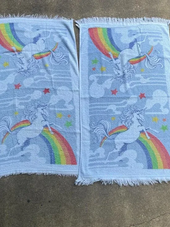 VTG Set 2 Blue Rainbow Cannon 80's Unicorn Towels Grandmacore Cottagecore Retro