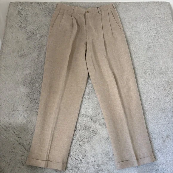 Eddie Bauer Men 100% Belgian Linen Pleated Cuffed Dress Pants 35X32 Tan Beige
