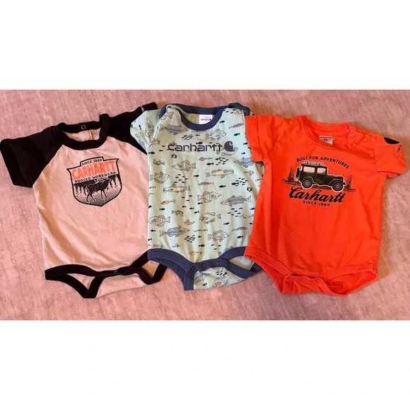Carhartt Baby Boys 3M Bodysuit Bundle 3 Pack Fish Jeep Moose Orange Green Tan