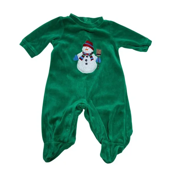 Baby UR It Kids 0-3M Footed Sleeper Green Snowman Christmas Velour Romper
