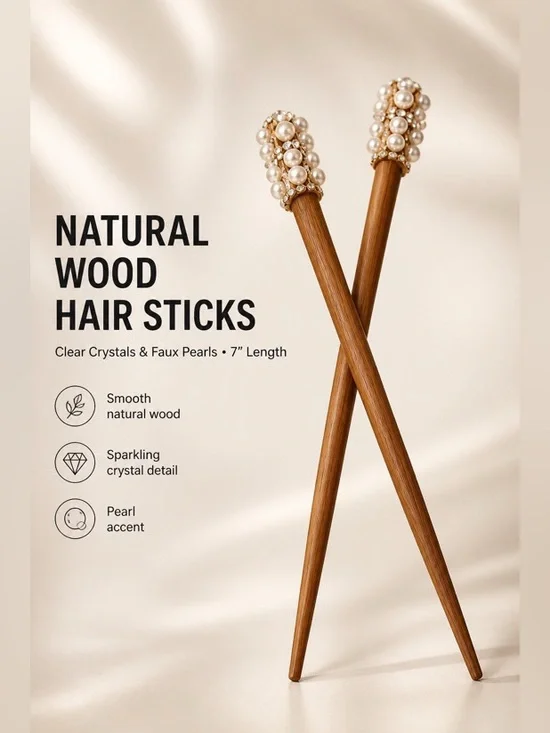 New 2 Natural Wood Color Hair Sticks Embellished With Crystals & Faux Pearls