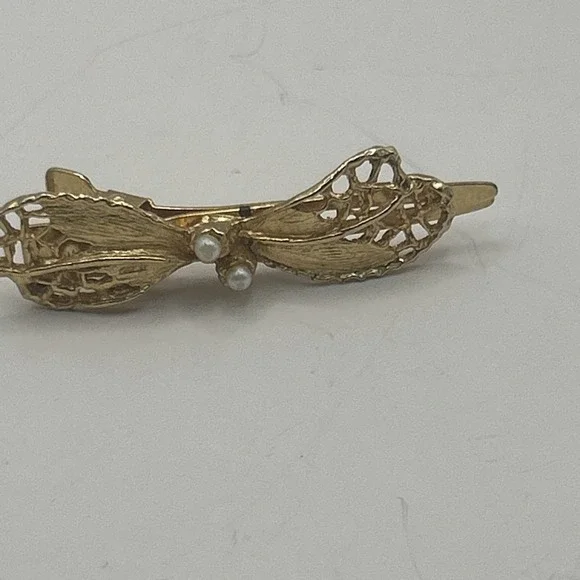 Vintage Gold Tone Bow Barrette Hair Clip‎ Faux Pearl Filigree