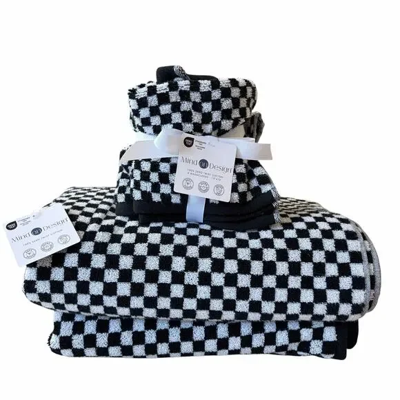 6pc Chic Black & White Checkered Towel Set- 2 Bath Towels 4 Washcloths Cotton