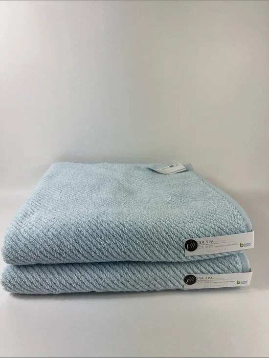 Kassa Spa Bath Towel Set Light Blue Soft Zero Twist Cotton Textured 2 Pc NEW