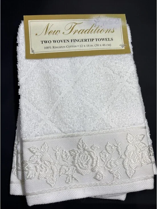 NEW Vntg Sears Fingertip Woven Small Hand Towels (set 2) 12x18” Versailles White