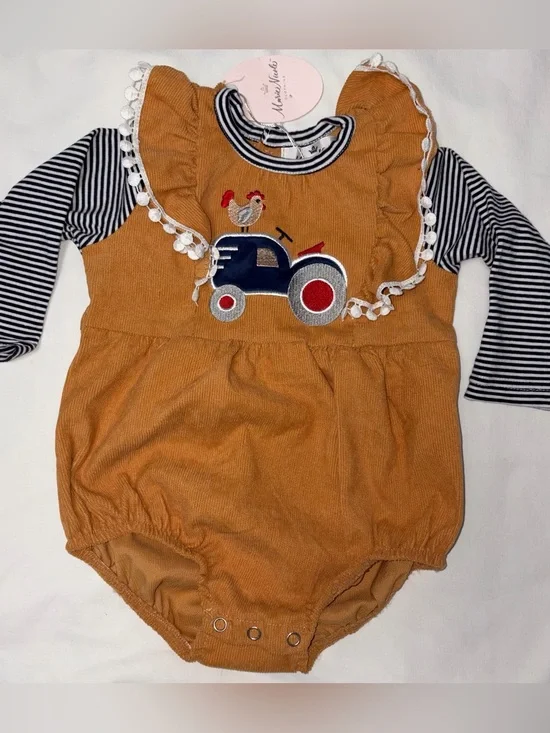 Marie Nicole corduroy bubble with chicken and tractor appliqué sz 6-12 mo NWT
