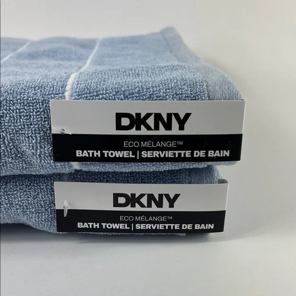 DKNY Bath Towels eco-melange Light Blue White Stripe Soft Cotton Set of 2 NEW