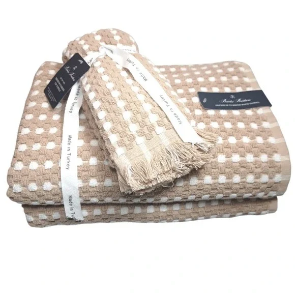 Brooks Brothers 4 Piece Set‎ Premium Turkish TOWEL SET 2 Bath /2 Tip Tan & White