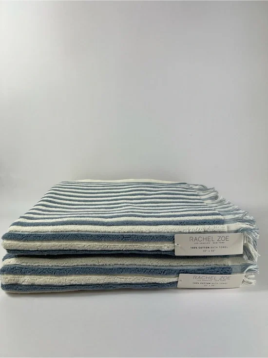 Rachel Zoe Navy and White Stripe Cotton Bath Towels with Fringe