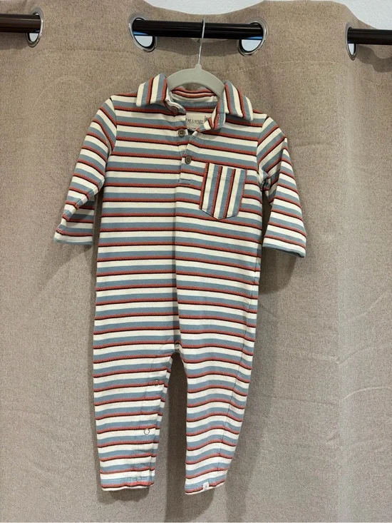 Striped Collared Baby Footie in Light Blue & Red