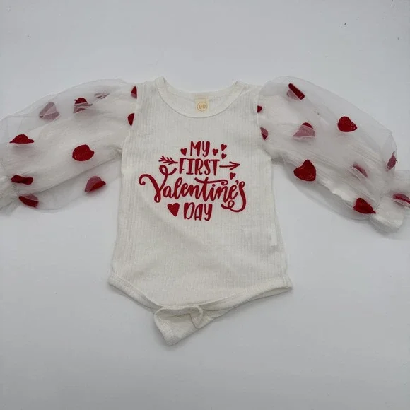 My First Valentines‎ Baby Bodysuit One-Piece Sheer Heart Sleeves 9-12 Months