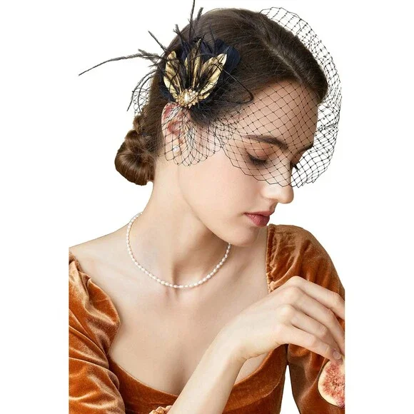 BABEYOND Women's Veil Fascinator Hat Feather Fascinators Hair Clip Removable