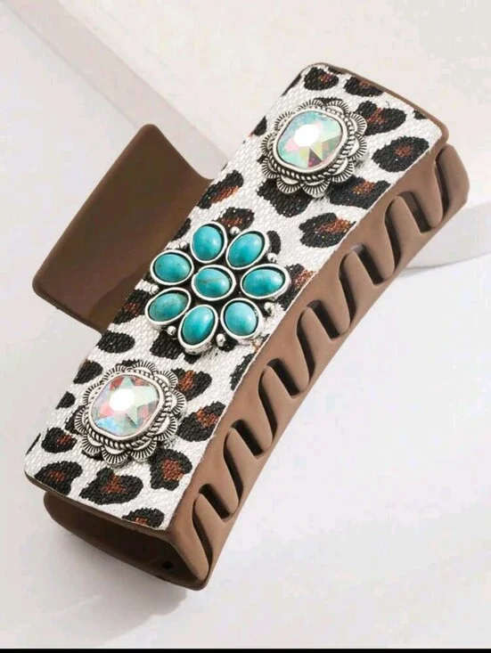 Leopard Print Brown Hair Clip with Turquoise Floral Accent