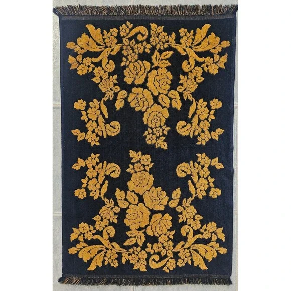 Vintage Fieldcrest Floral Rose Bath Towel Black Gold Fringed Reversible 25x40